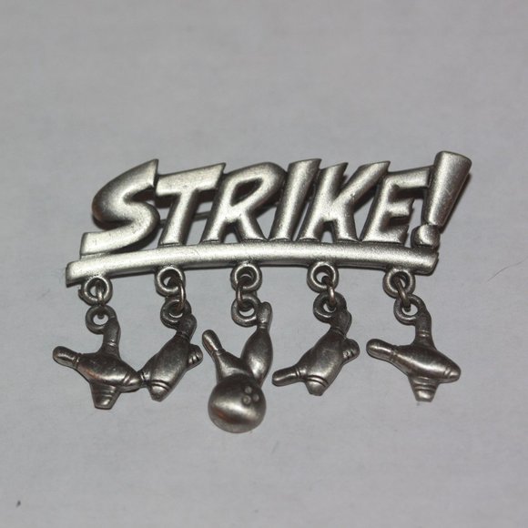 JJ Jonette STRIKE Pewter Bowling Pin Brooch Pin Dangle - Picture 1 of 2
